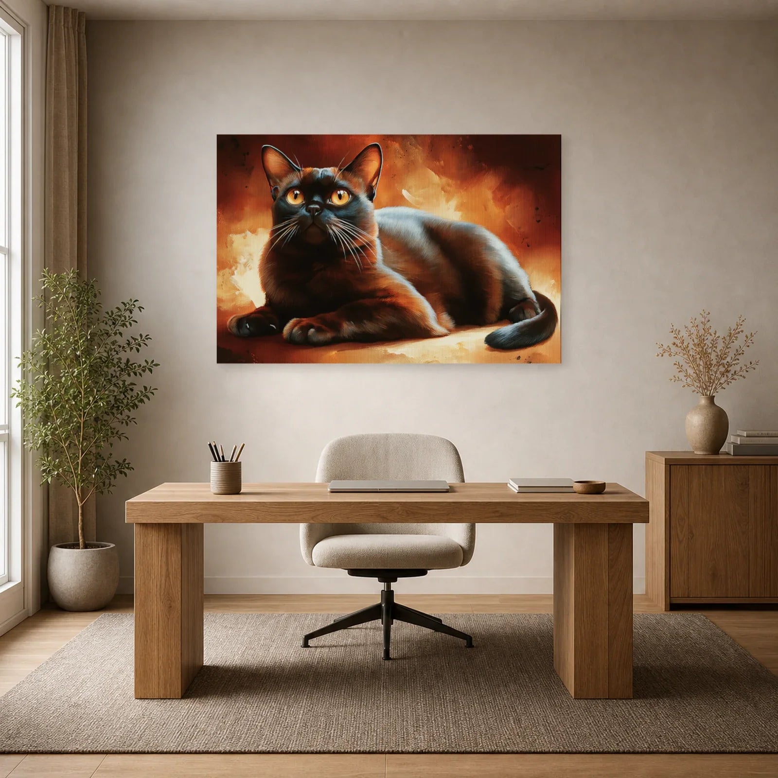 Tableau Chat Burmese Sable - Ambre Soyeux dans un bureau - Art Virtuoso