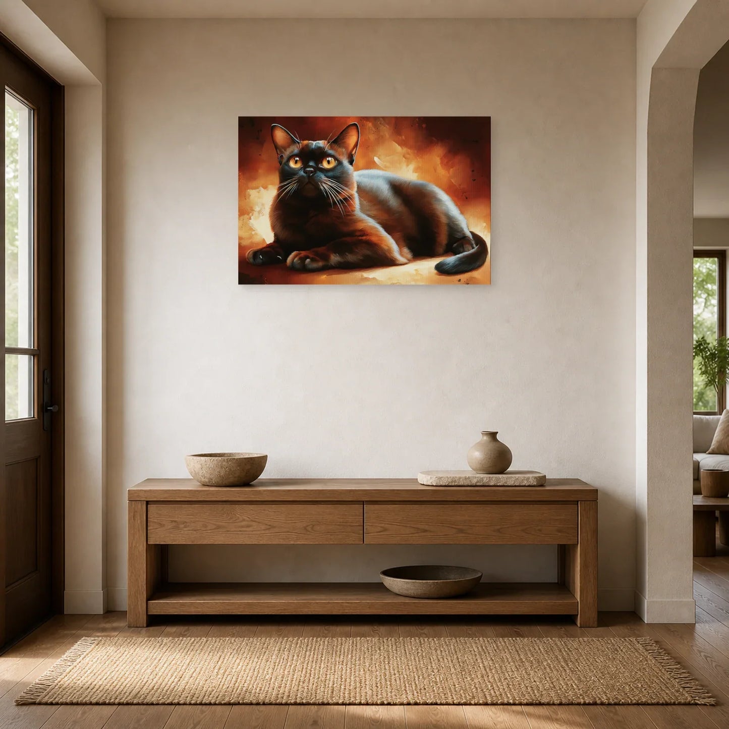 Tableau Chat Burmese Sable - Ambre Soyeux dans une entrée ou un couloir - Art Virtuoso