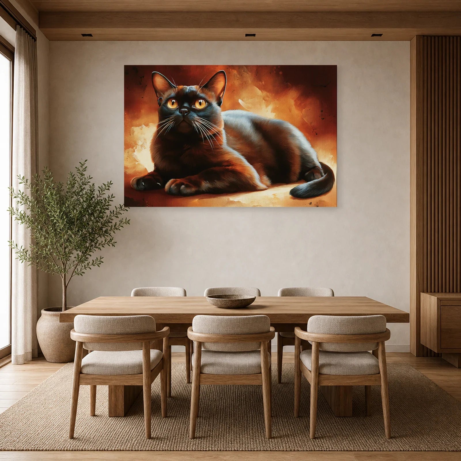Tableau Chat Burmese Sable - Ambre Soyeux dans une salle à manger - Art Virtuoso
