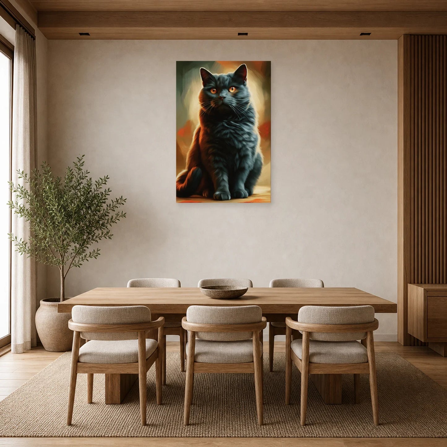 Tableau Chat Chartreux - Silence Bleu dans une salle à manger - Art Virtuoso