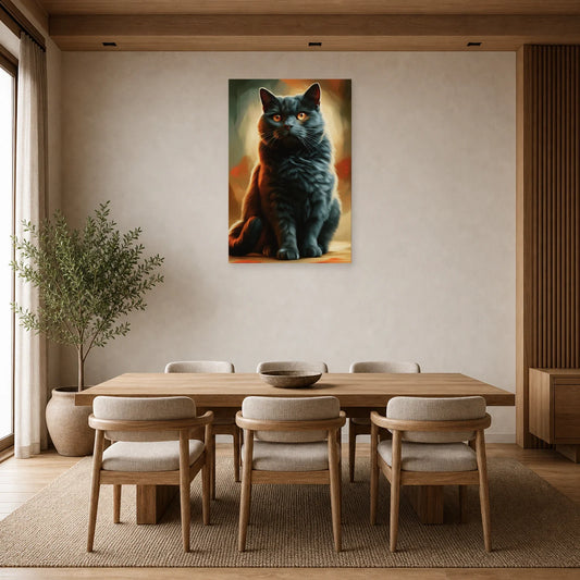 Tableau Chat Chartreux - Silence Bleu dans une salle à manger - Art Virtuoso