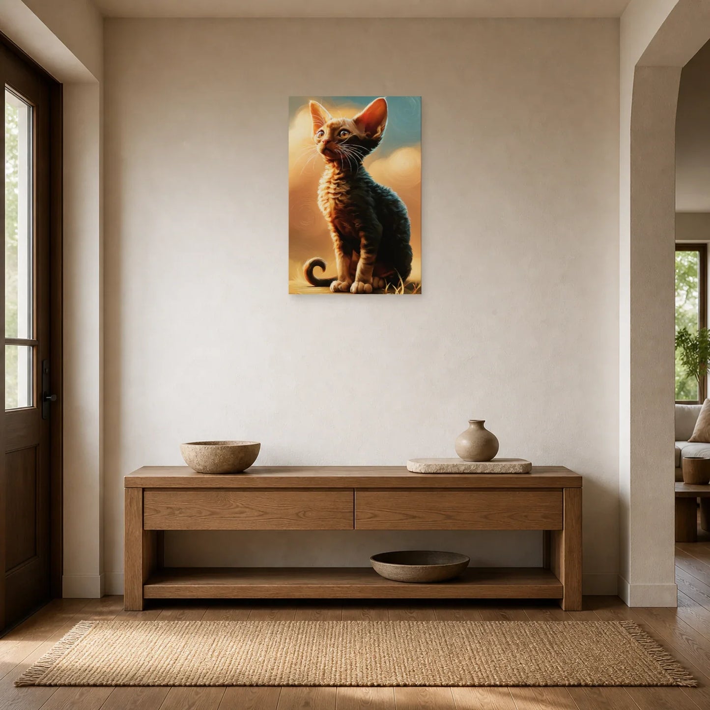 Tableau Chat Devon Rex - Curiosité d'Atelier dans une entrée ou un couloir - Art Virtuoso