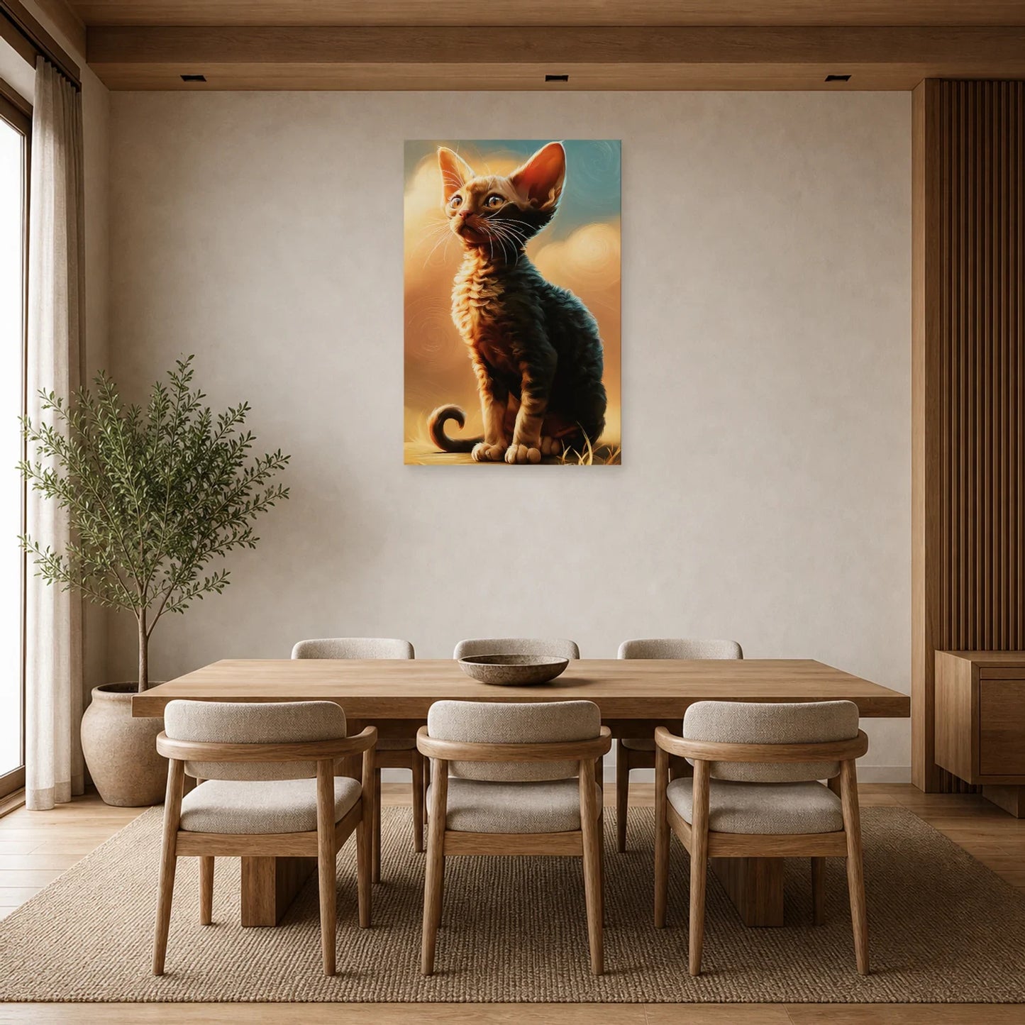 Tableau Chat Devon Rex - Curiosité d'Atelier dans une salle à manger - Art Virtuoso