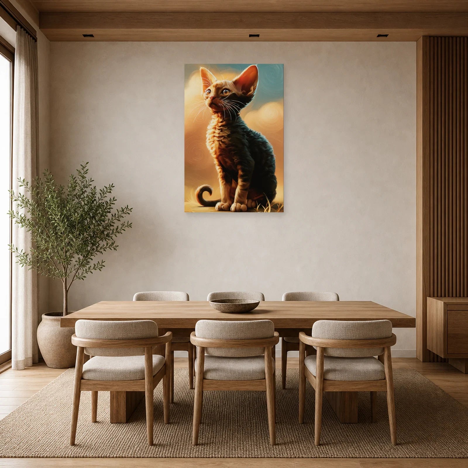 Tableau Chat Devon Rex - Curiosité d'Atelier dans une salle à manger - Art Virtuoso