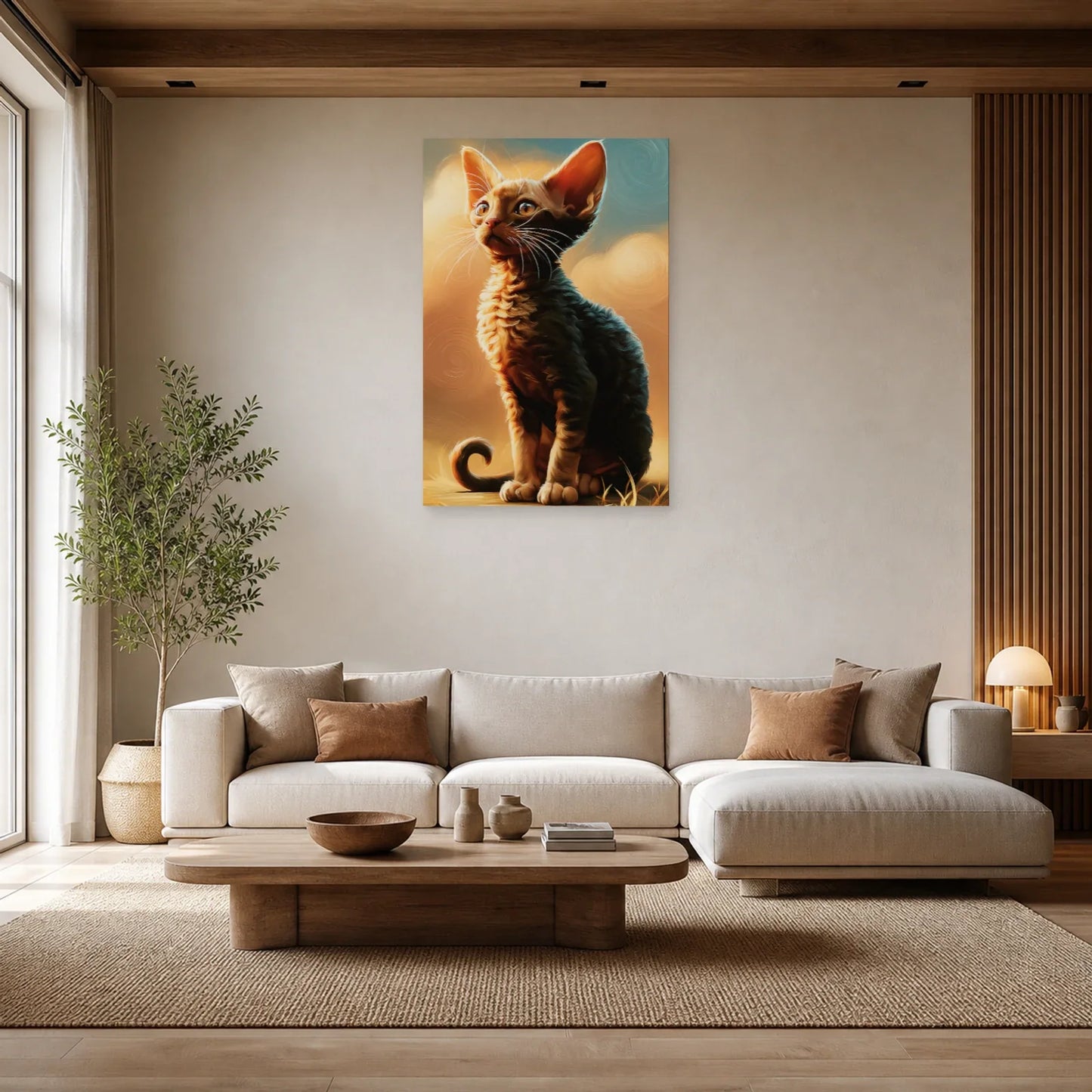 Tableau Chat Devon Rex - Curiosité d'Atelier dans un salon - Art Virtuoso