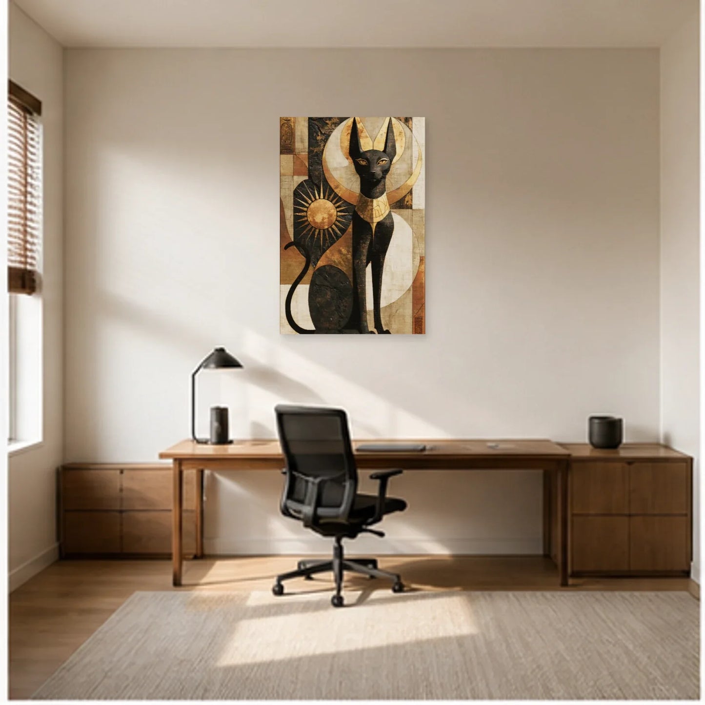 Tableau Chat Égyptien Bastet Noir Or dans un bureau - Art Virtuoso