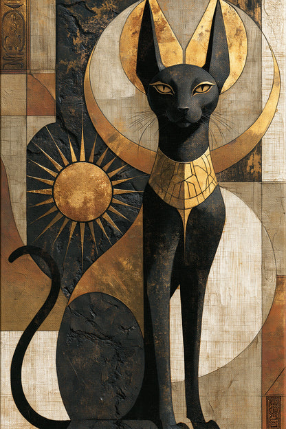 Tableau Chat Égyptien Bastet Noir Or - format S - Art Virtuoso