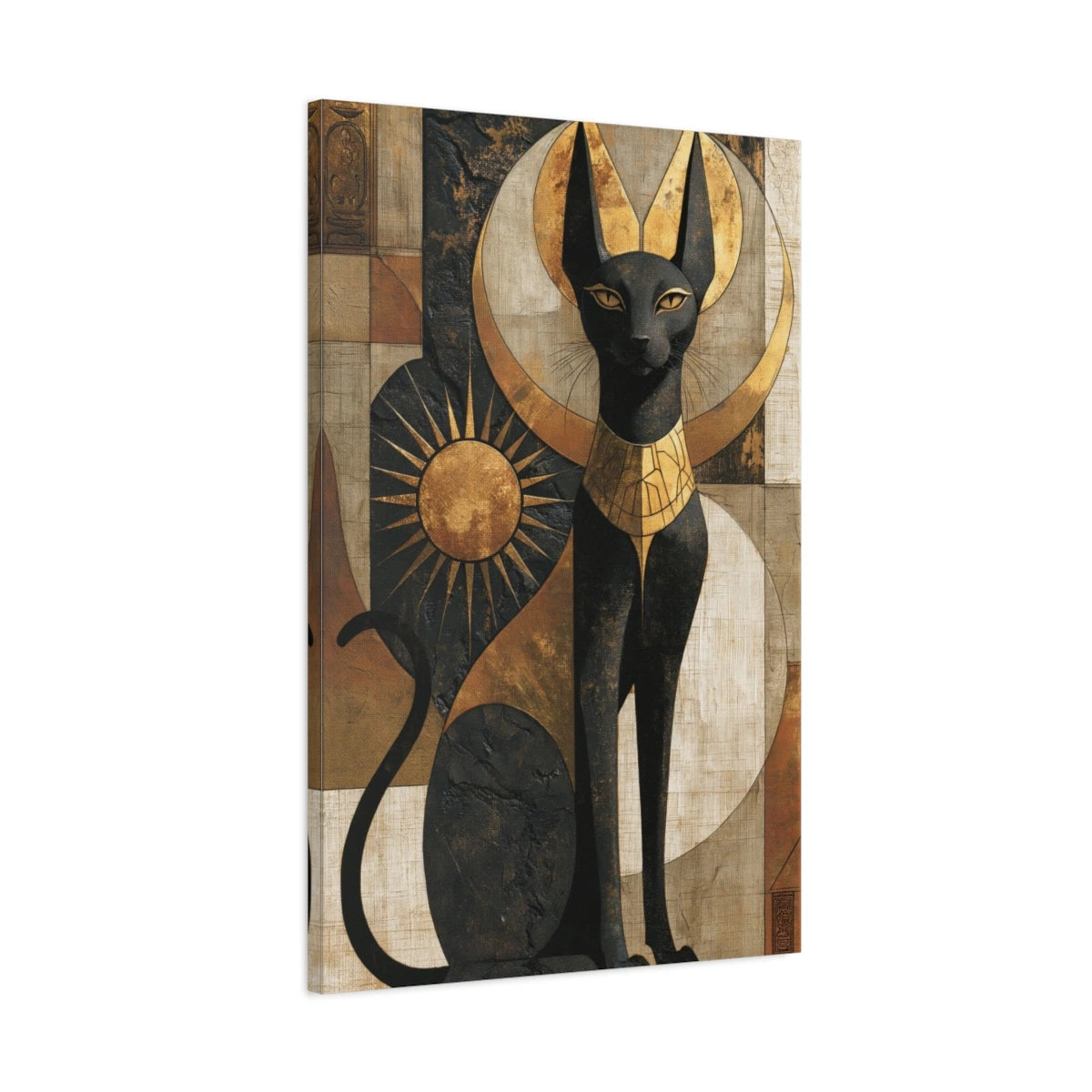 Tableau Chat Égyptien Bastet Noir Or - toile 3D avec bords imprimés - Art Virtuoso