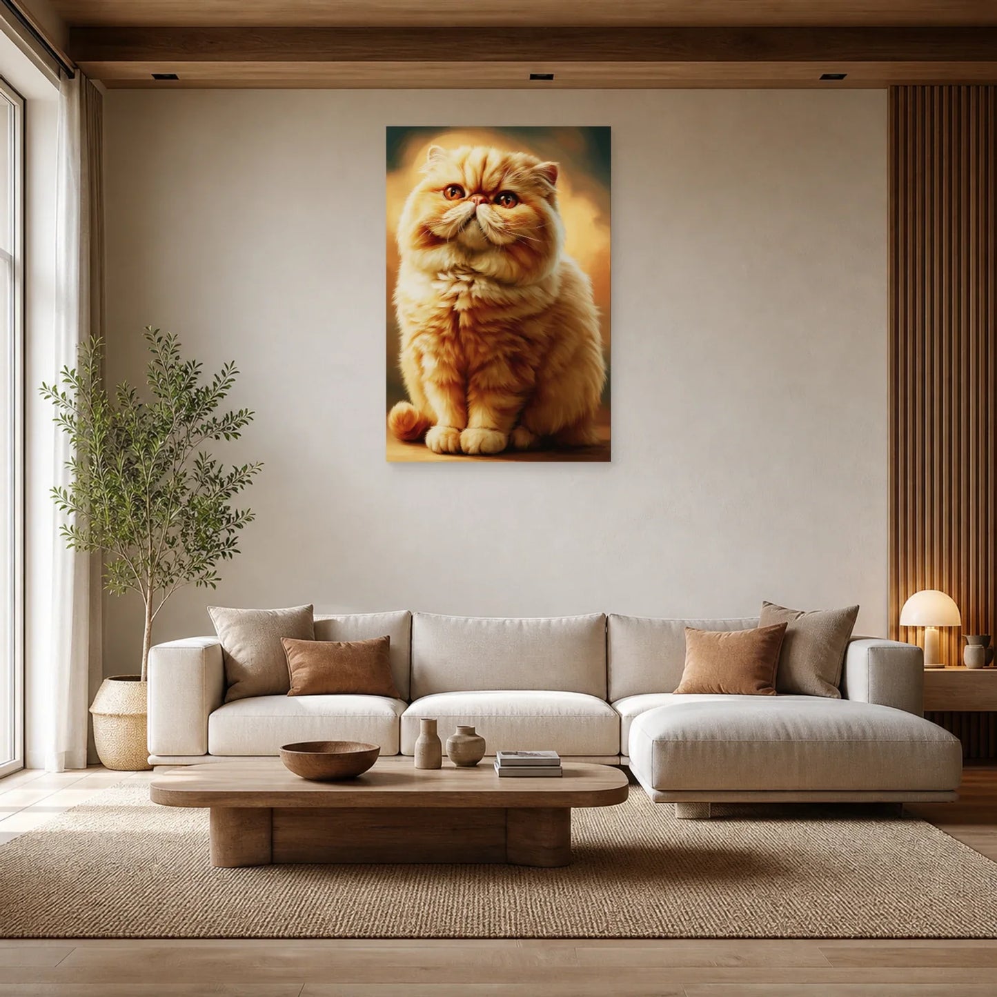 Tableau Chat Exotic Shorthair - Douceur Abricot dans un salon - Art Virtuoso
