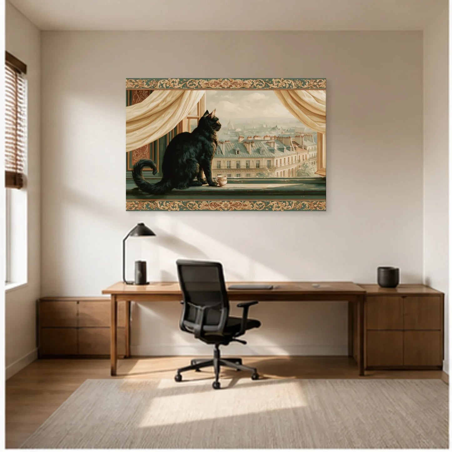 Tableau Chat Fenêtre Paris dans un bureau - Art Virtuoso