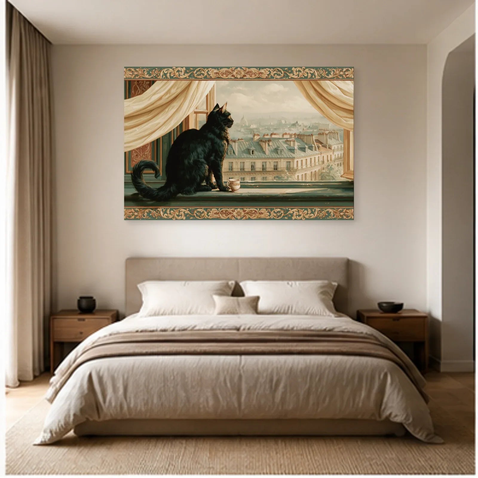 Tableau Chat Fenêtre Paris dans une chambre - Art Virtuoso