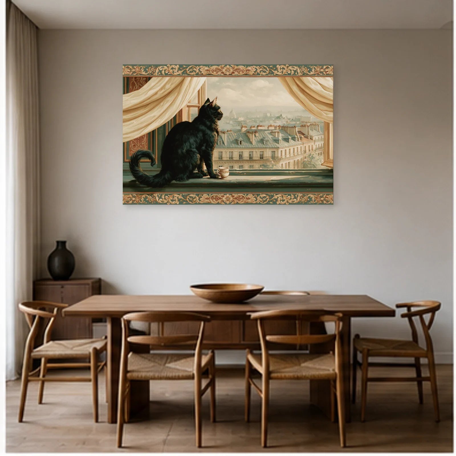 Tableau Chat Fenêtre Paris dans une salle à manger - Art Virtuoso