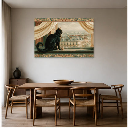Tableau Chat Fenêtre Paris dans une salle à manger - Art Virtuoso