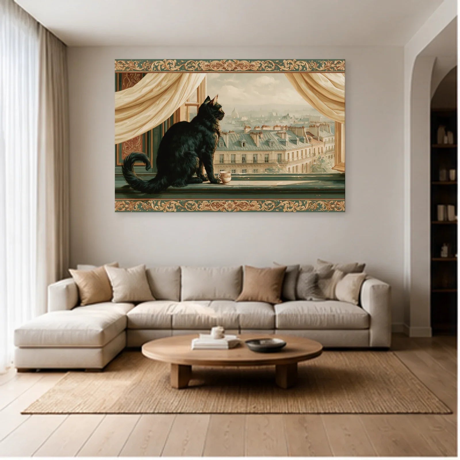 Tableau Chat Fenêtre Paris dans un salon - Art Virtuoso
