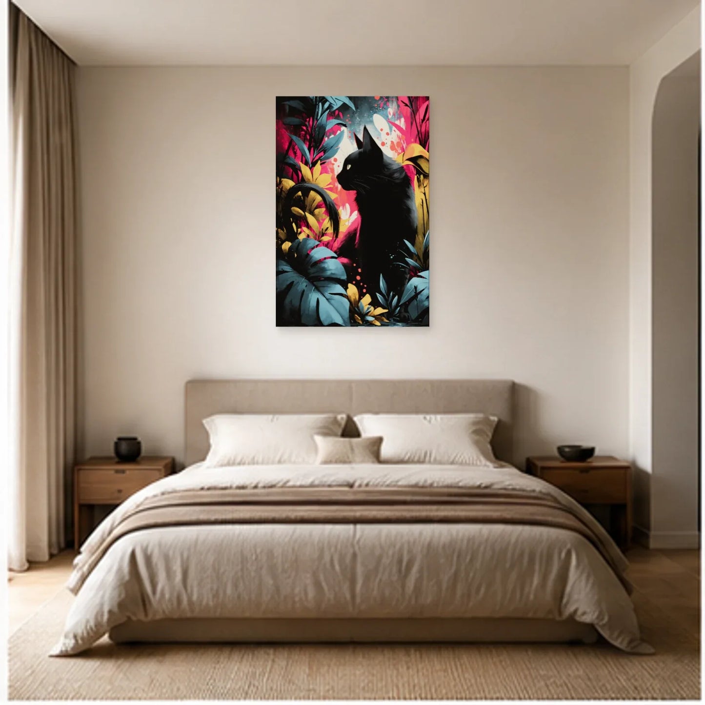 Tableau Chat Floral Découpé Moderne dans une chambre - Art Virtuoso