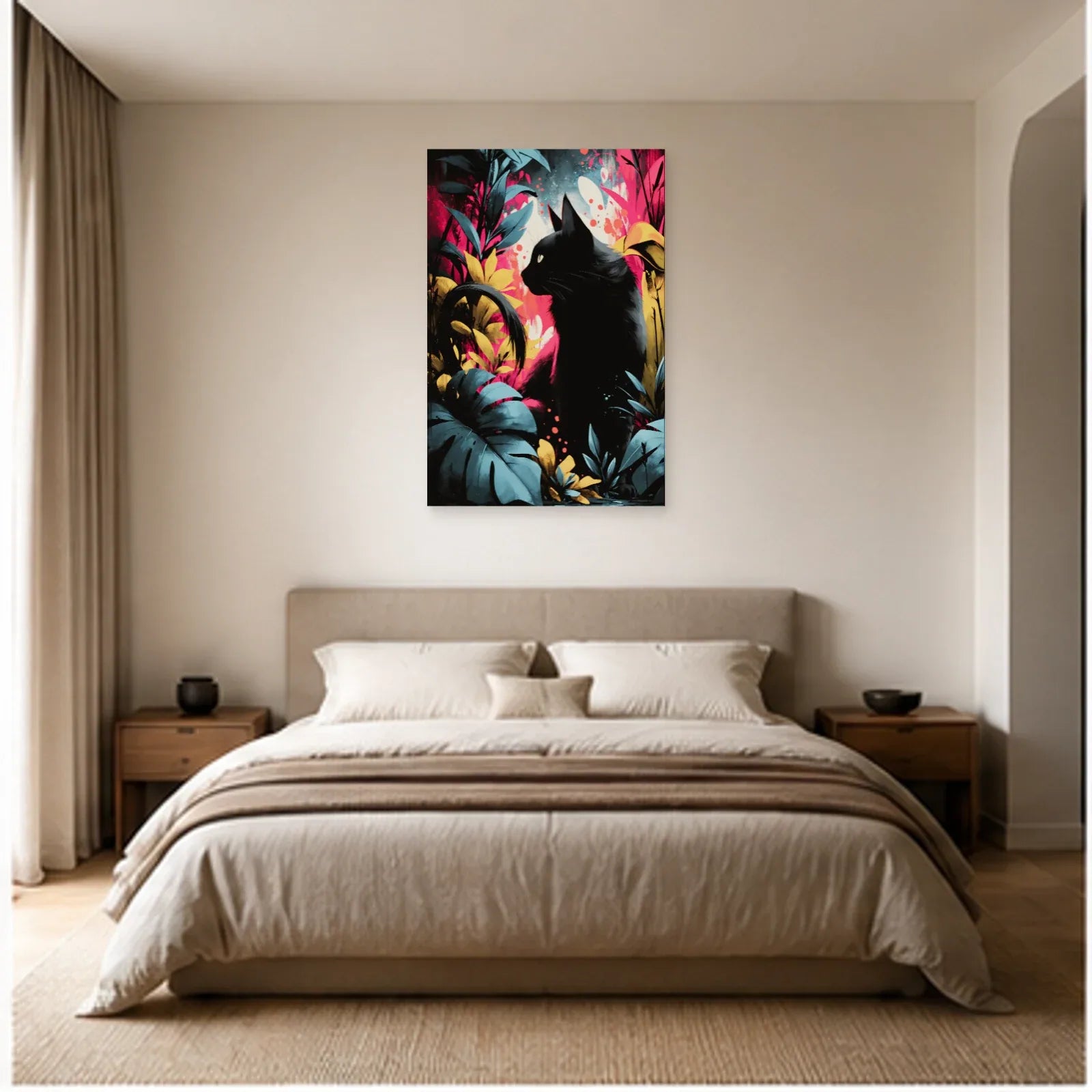 Tableau Chat Floral Découpé Moderne dans une chambre - Art Virtuoso