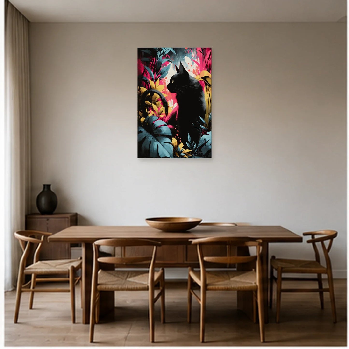 Tableau Chat Floral Découpé Moderne dans une salle à manger - Art Virtuoso
