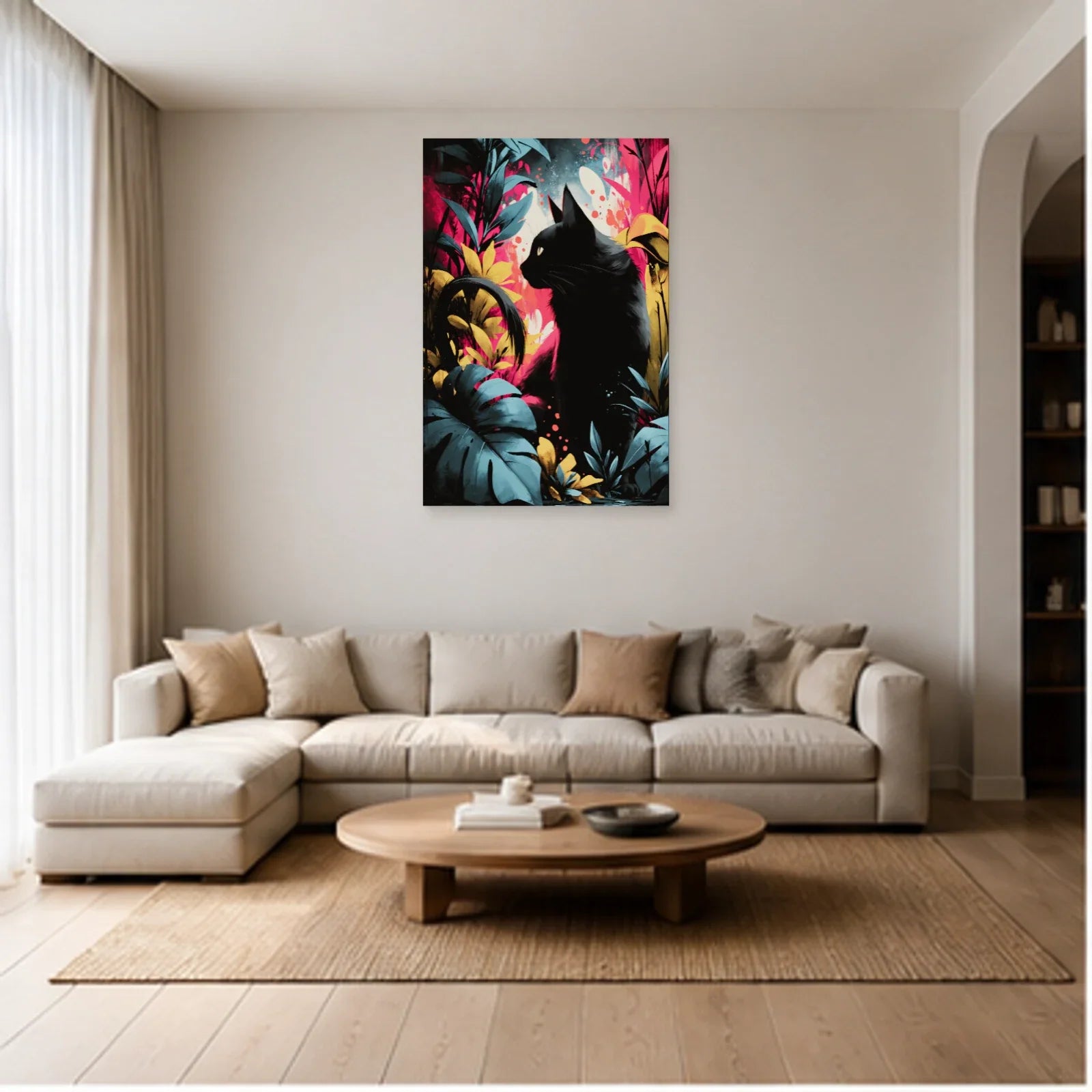Tableau Chat Floral Découpé Moderne dans un salon - Art Virtuoso