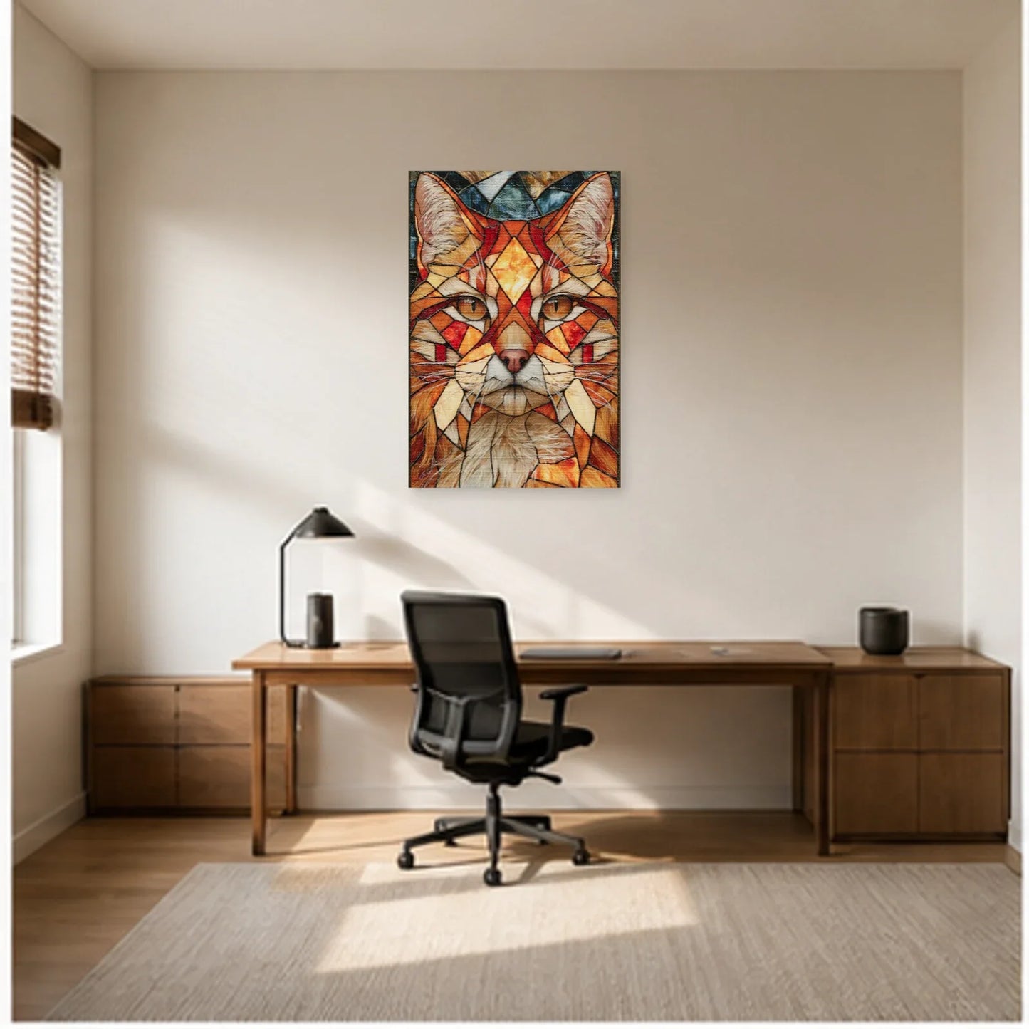 Tableau Chat Géométrique Vitrail Premium dans un bureau - Art Virtuoso