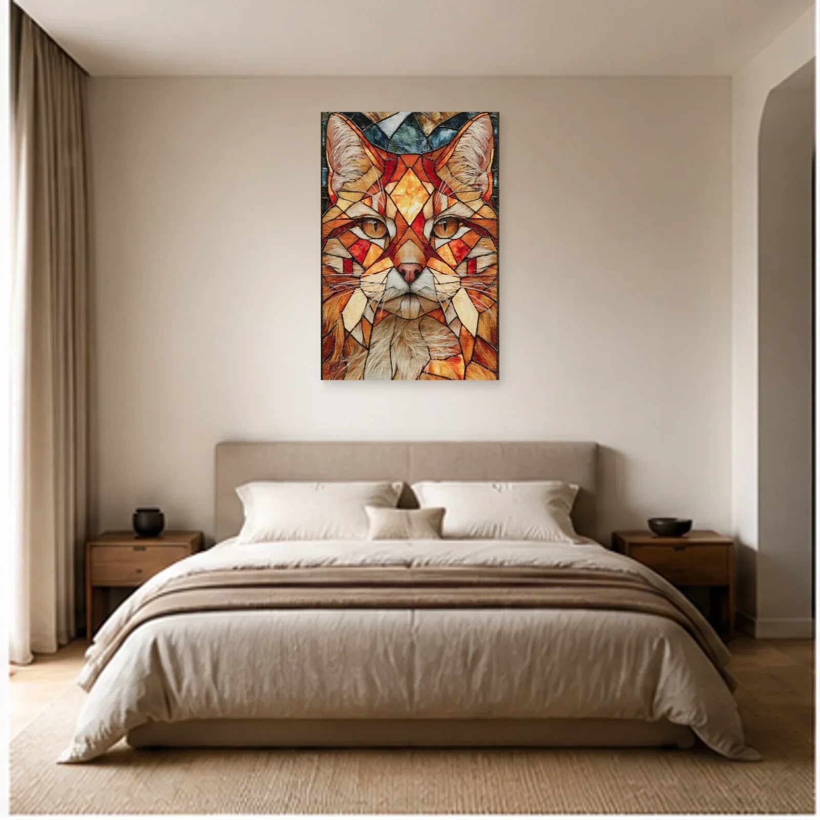 Tableau Chat Géométrique Vitrail Premium dans une chambre - Art Virtuoso