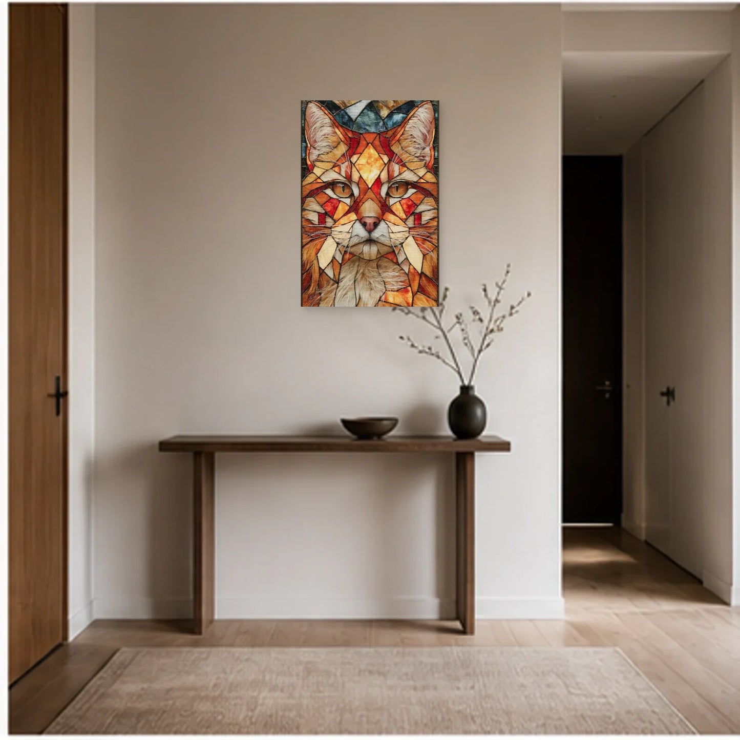 Tableau Chat Géométrique Vitrail Premium dans une entrée ou un couloir - Art Virtuoso
