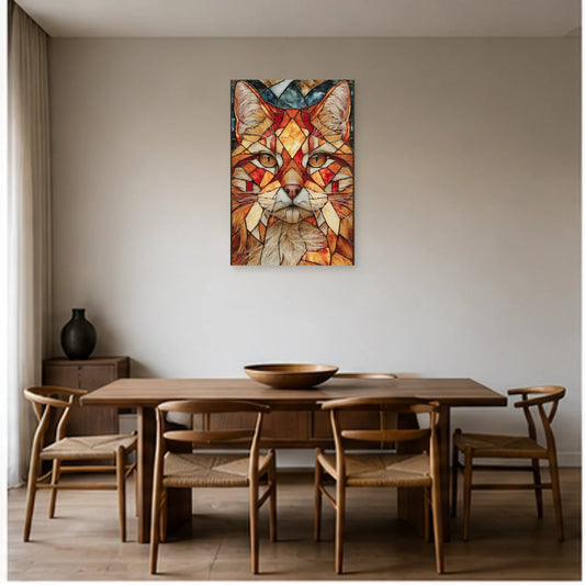 Tableau Chat Géométrique Vitrail Premium dans une salle à manger - Art Virtuoso