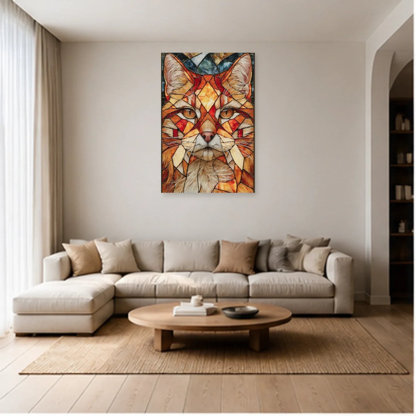 Tableau Chat Géométrique Vitrail Premium dans un salon - Art Virtuoso
