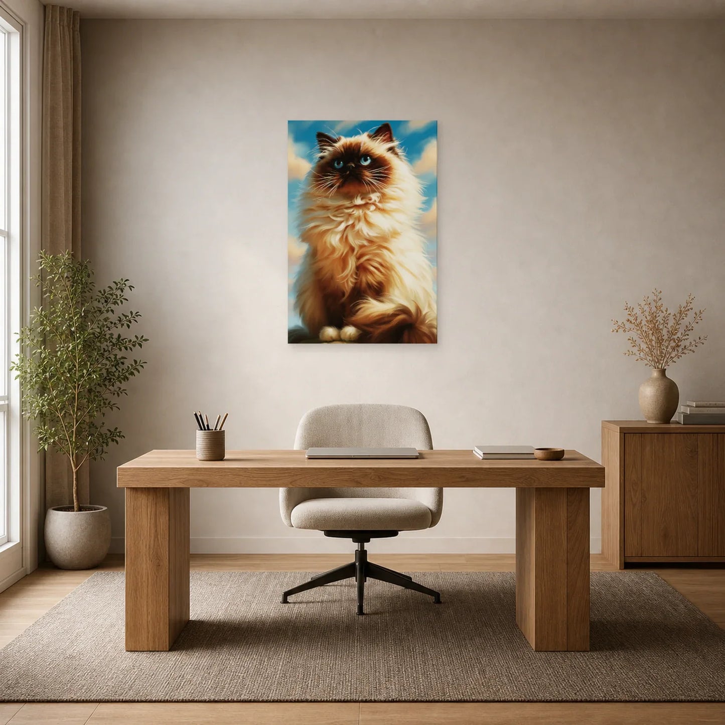 Tableau Chat Himalayen - Neige Chocolat dans un bureau - Art Virtuoso