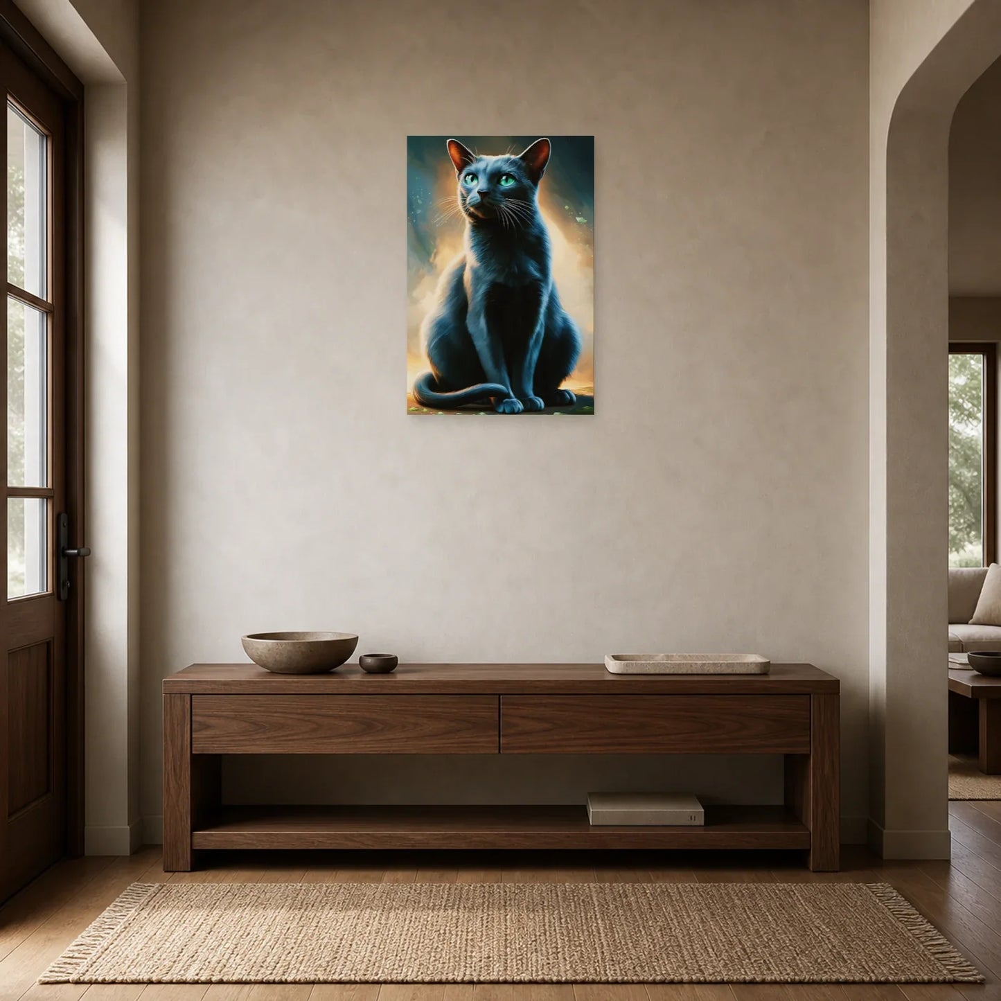 Tableau Chat Korat - Reflet d Argent dans une entrée ou un couloir - Art Virtuoso