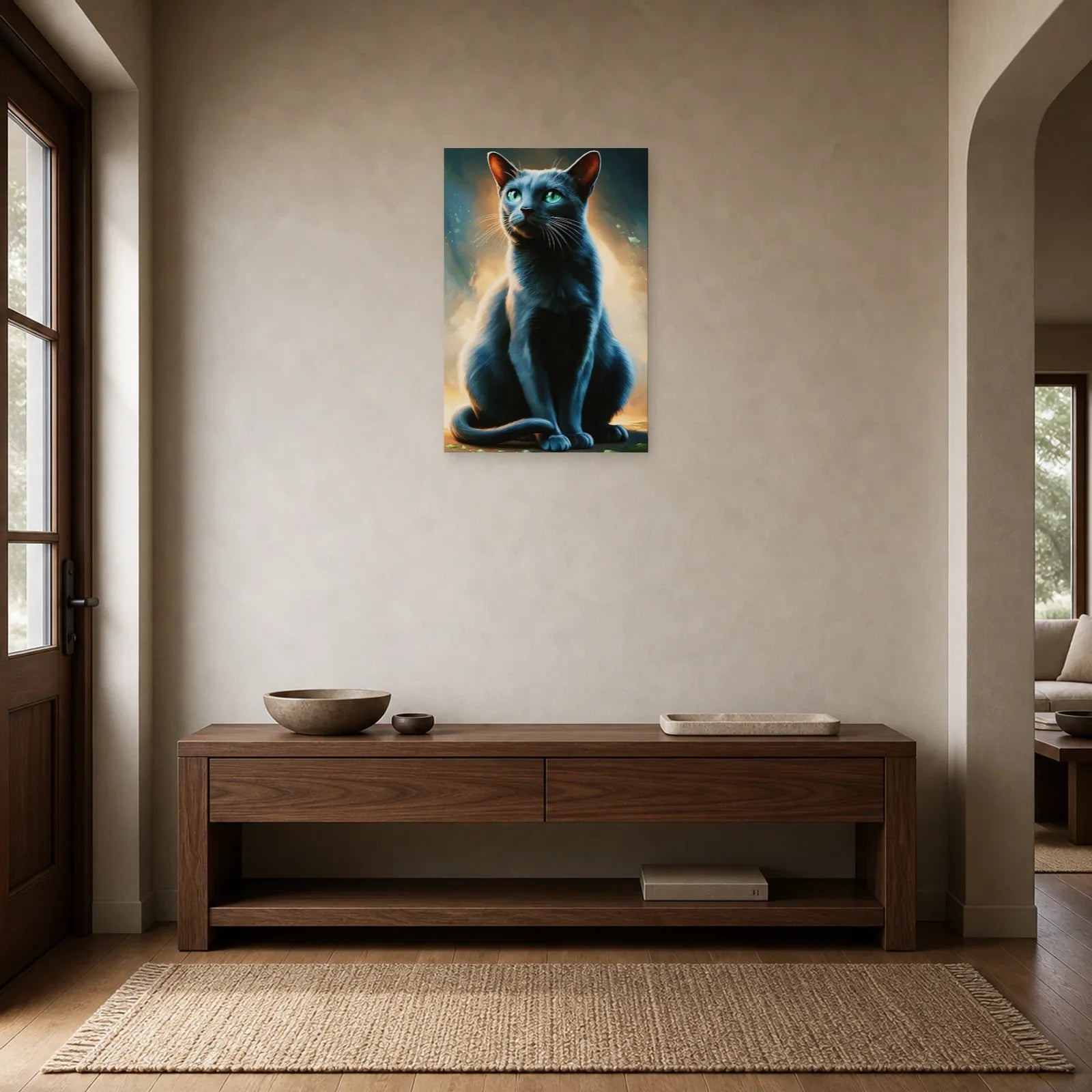 Tableau Chat Korat - Reflet d Argent dans une entrée ou un couloir - Art Virtuoso