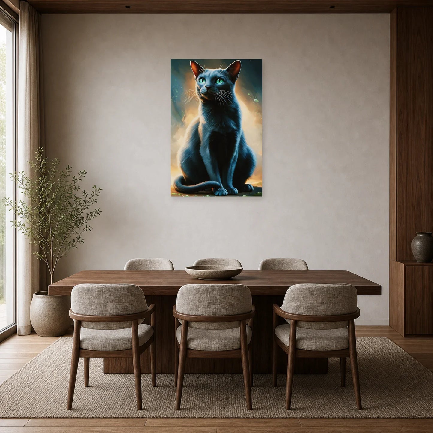 Tableau Chat Korat - Reflet d Argent dans une salle à manger - Art Virtuoso