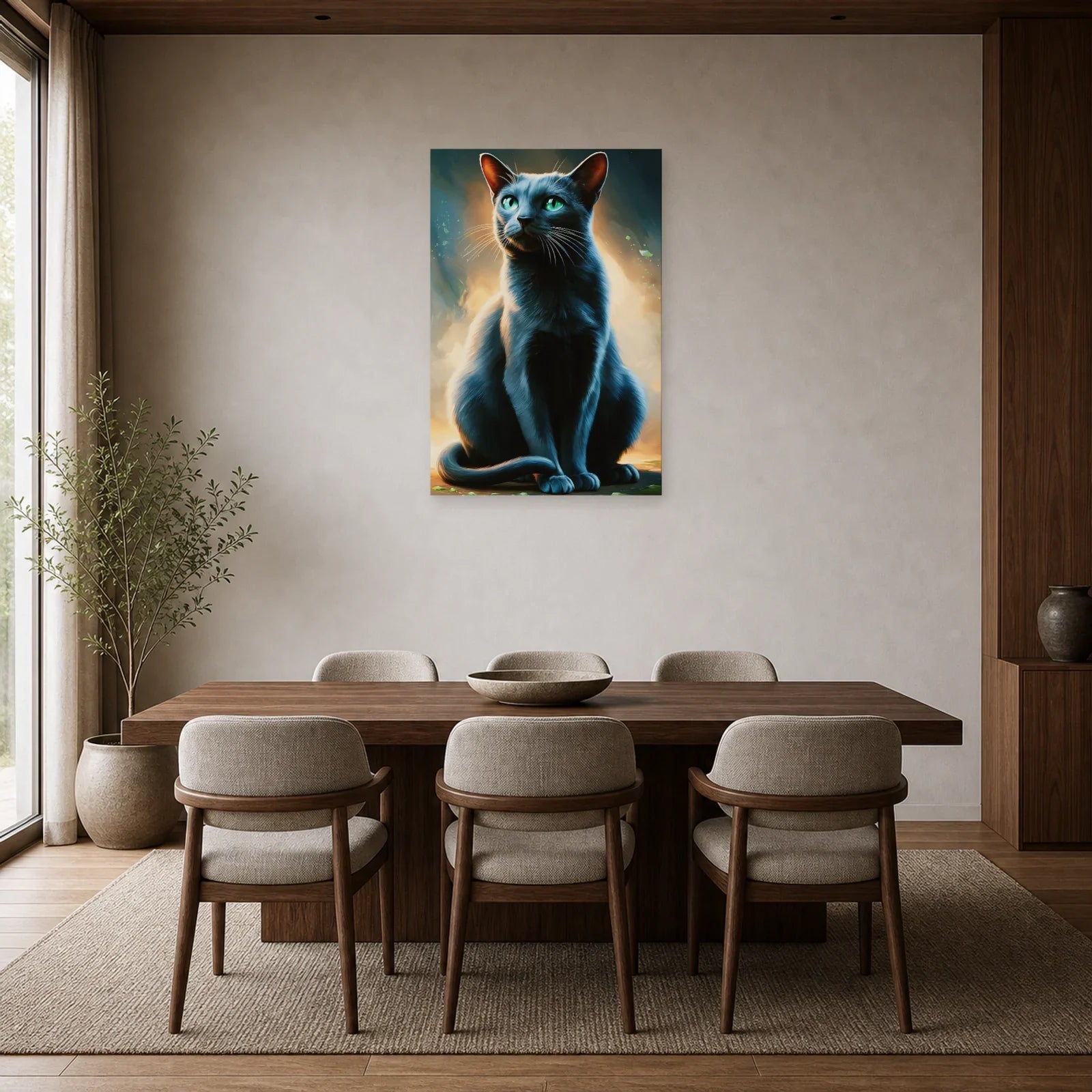 Tableau Chat Korat - Reflet d Argent dans une salle à manger - Art Virtuoso