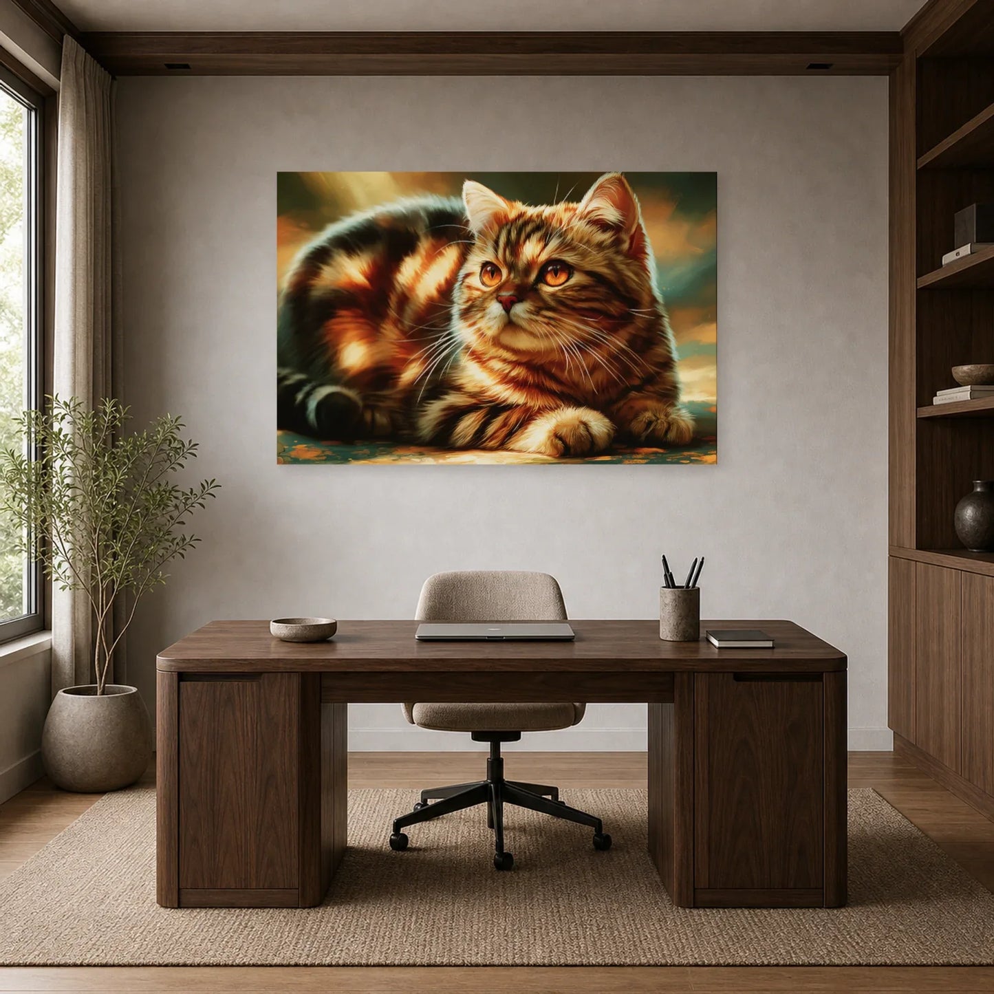 Tableau Chat Manx - Rondeur Sauvage dans un bureau - Art Virtuoso