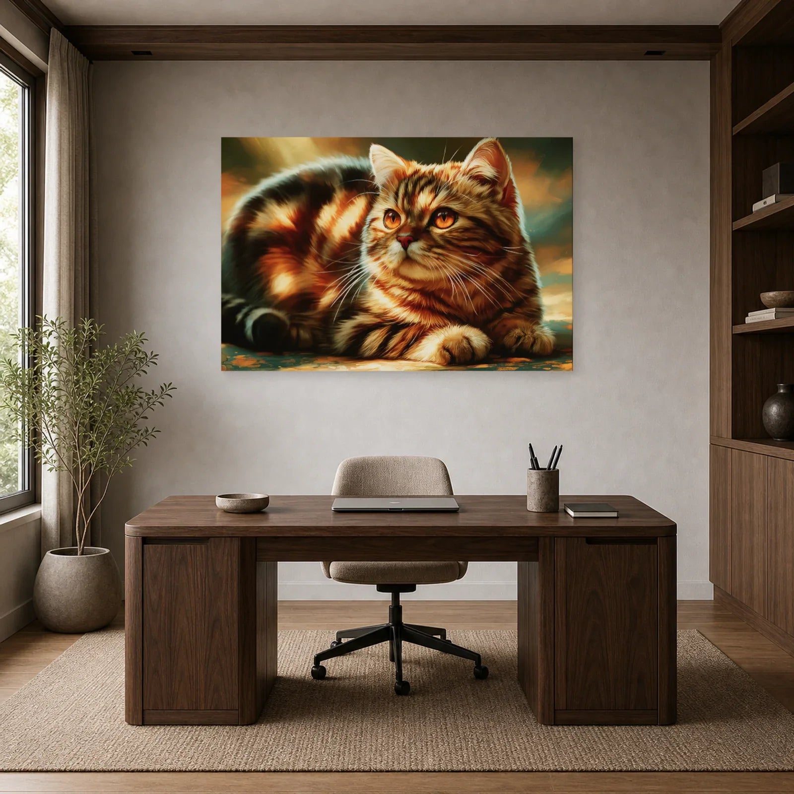 Tableau Chat Manx - Rondeur Sauvage dans un bureau - Art Virtuoso