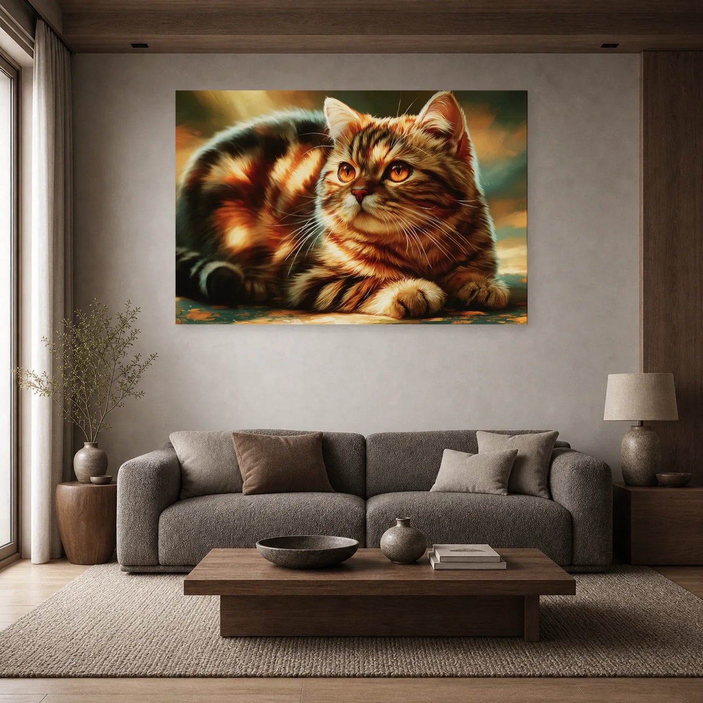 Tableau Chat Manx - Rondeur Sauvage dans un salon - Art Virtuoso