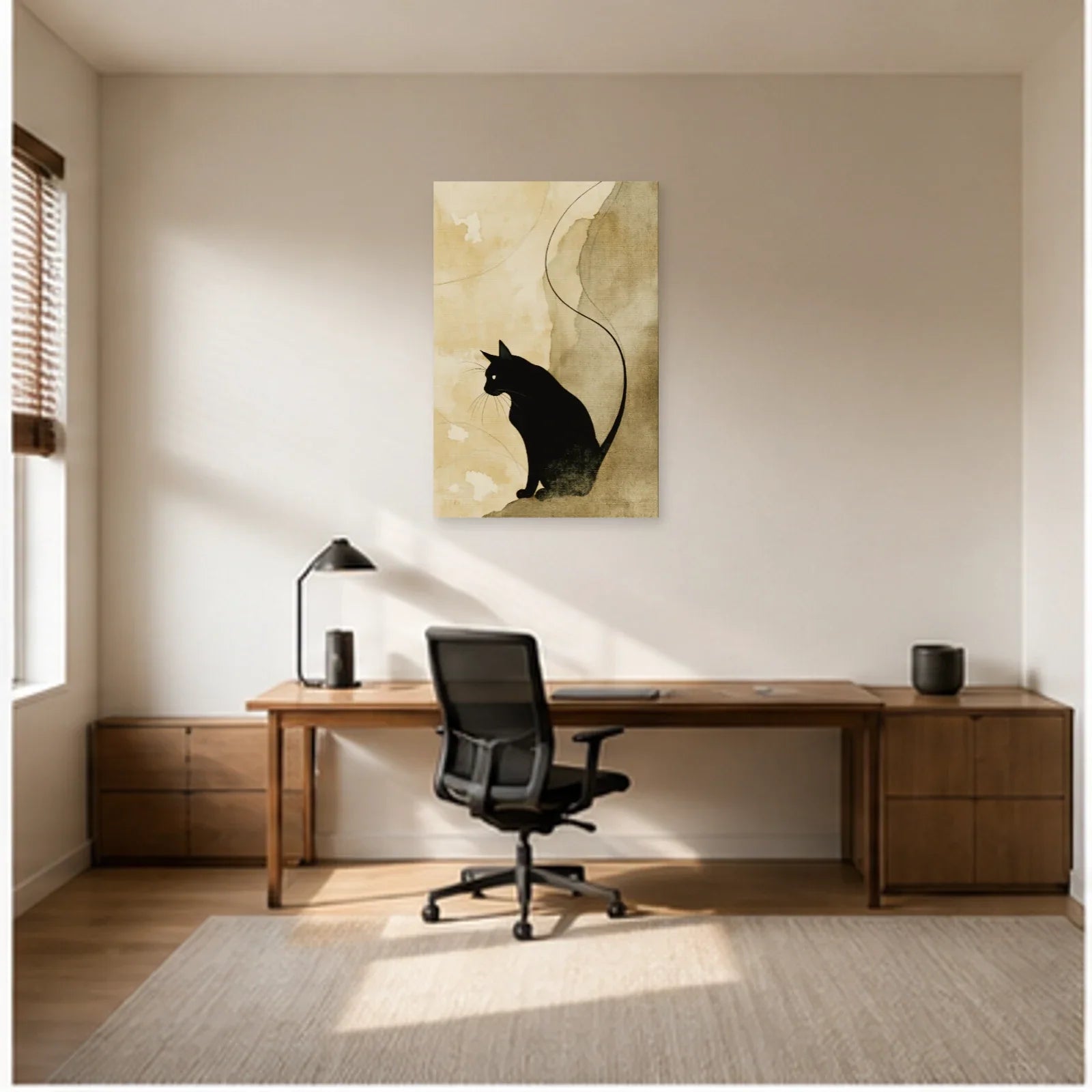 Tableau Chat Noir Minimaliste Sable dans un bureau - Art Virtuoso