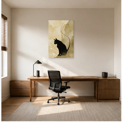 Tableau Chat Noir Minimaliste Sable dans un bureau - Art Virtuoso