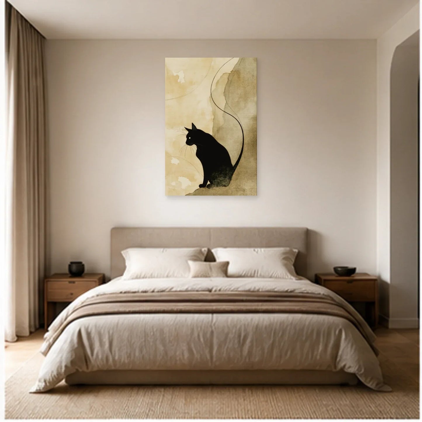 Tableau Chat Noir Minimaliste Sable dans une chambre - Art Virtuoso