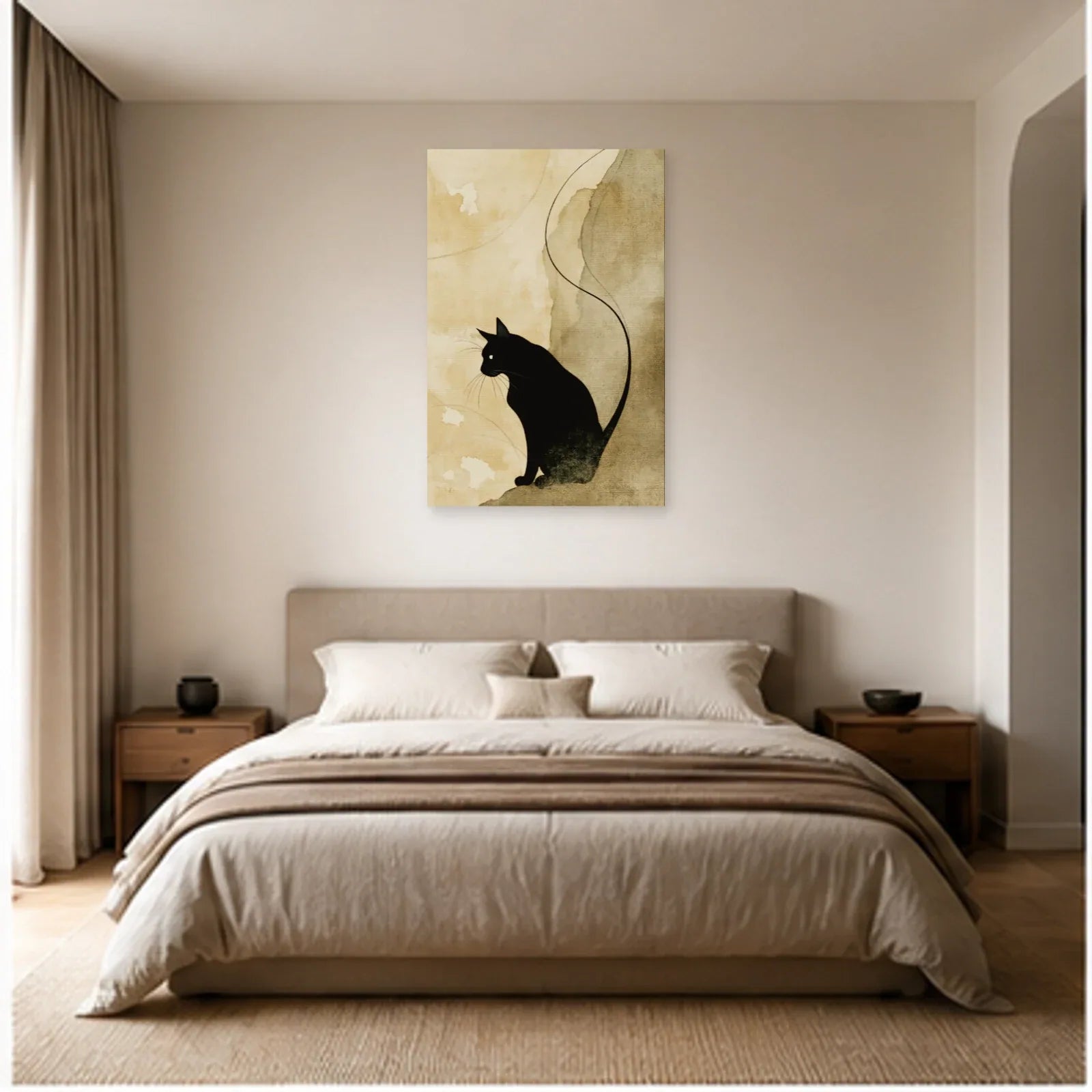 Tableau Chat Noir Minimaliste Sable dans une chambre - Art Virtuoso