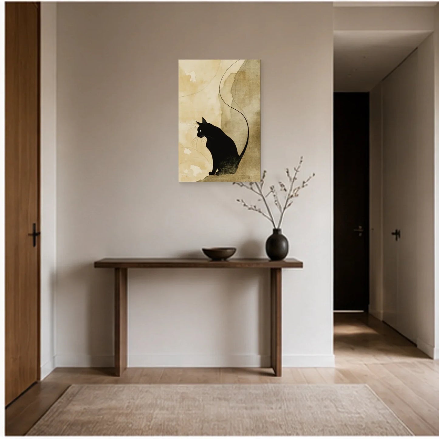 Tableau Chat Noir Minimaliste Sable dans une entrée ou un couloir - Art Virtuoso
