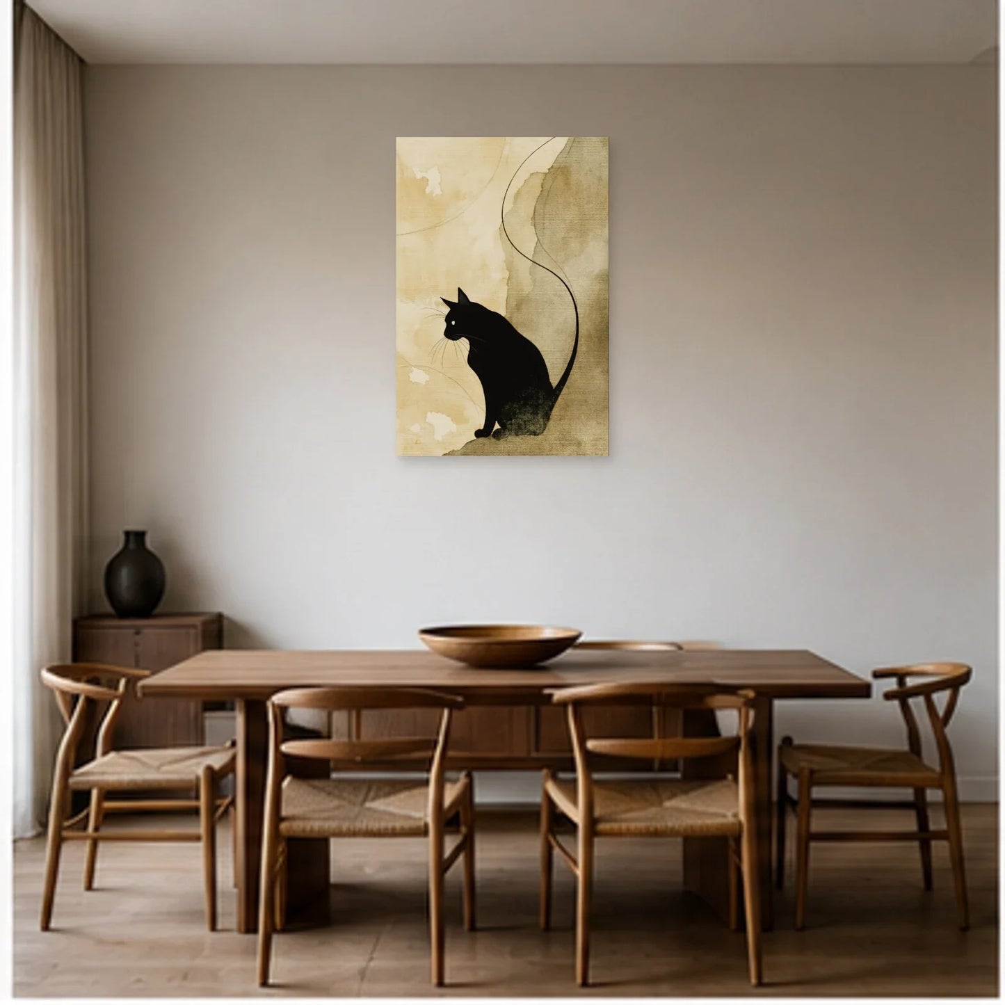 Tableau Chat Noir Minimaliste Sable dans une salle à manger - Art Virtuoso