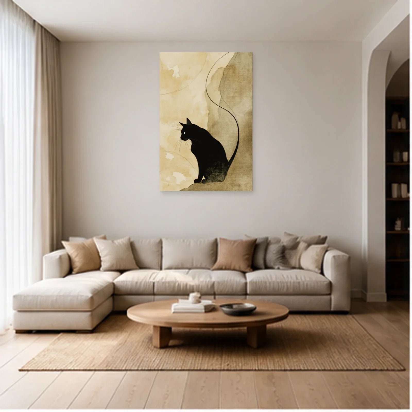 Tableau Chat Noir Minimaliste Sable dans un salon - Art Virtuoso