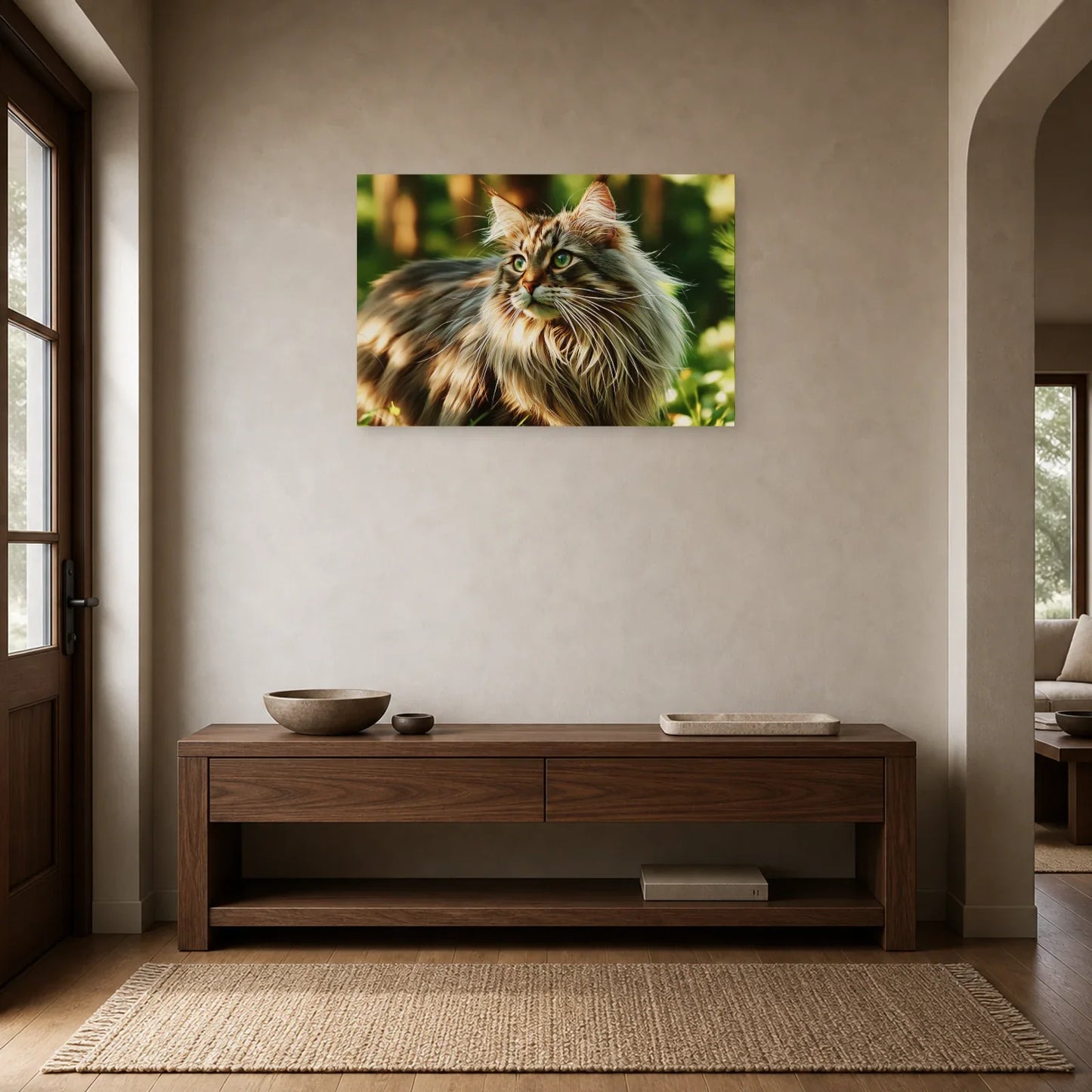 Tableau Chat Norvégien - Forêt d'Hiver dans une entrée ou un couloir - Art Virtuoso