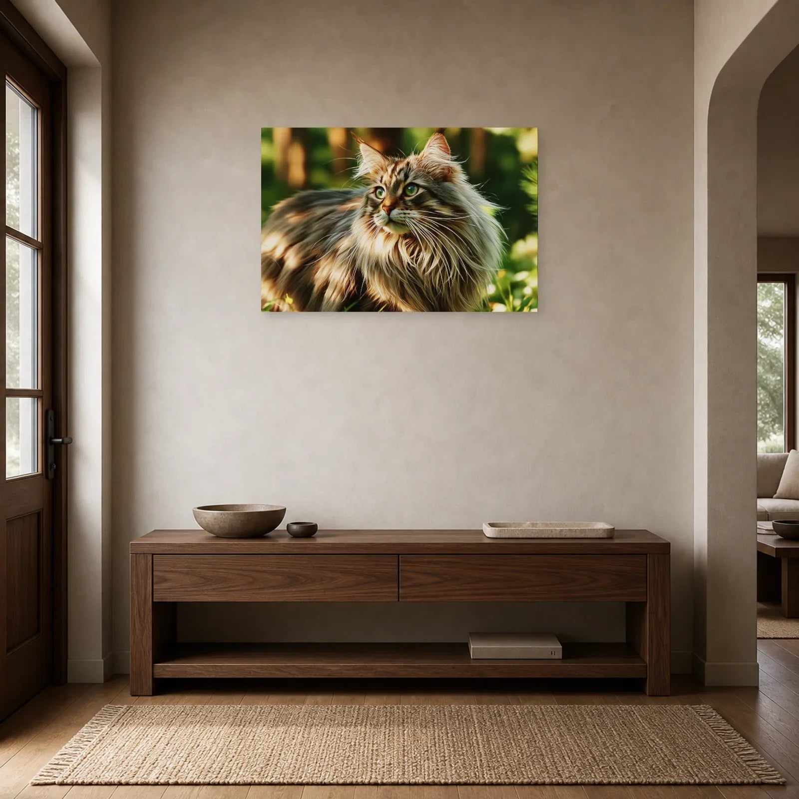 Tableau Chat Norvégien - Forêt d'Hiver dans une entrée ou un couloir - Art Virtuoso