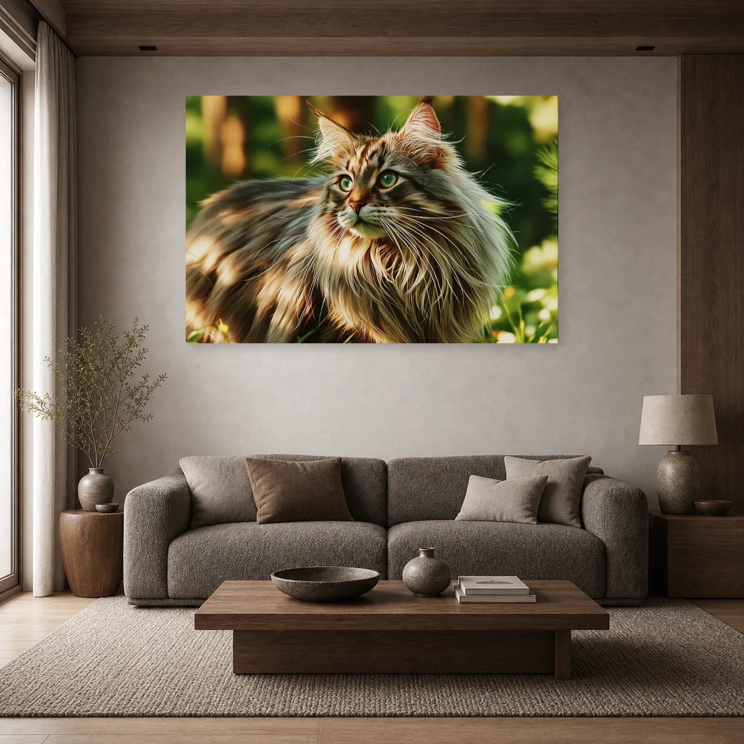 Tableau Chat Norvégien - Forêt d'Hiver dans un salon - Art Virtuoso