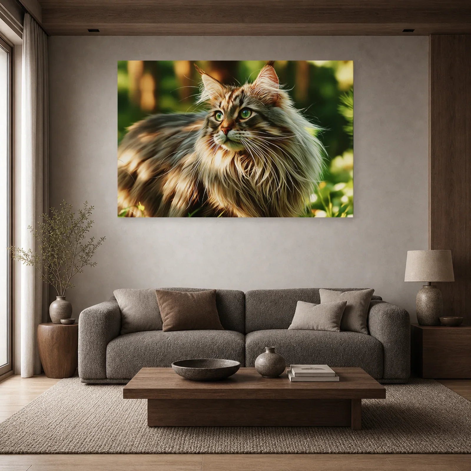 Tableau Chat Norvégien - Forêt d'Hiver dans un salon - Art Virtuoso