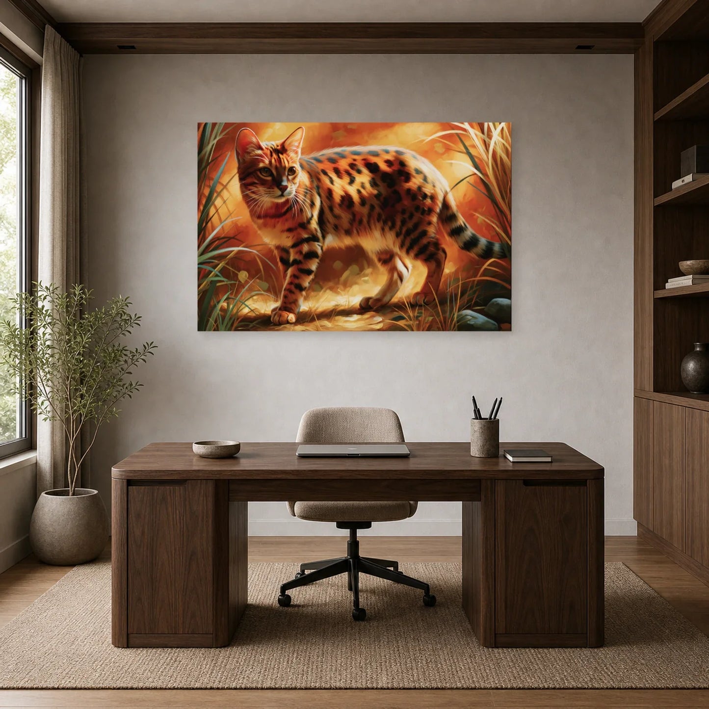 Tableau Chat Ocicat - Taches de Cannelle dans un bureau - Art Virtuoso