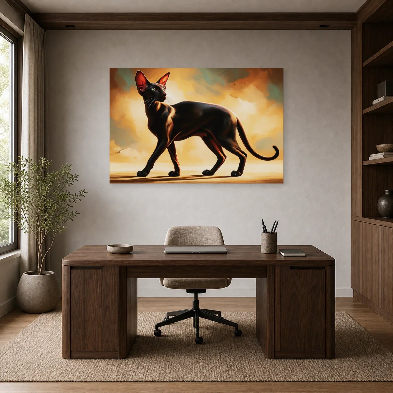 Tableau Chat Oriental Shorthair - Ligne Noire dans un bureau - Art Virtuoso