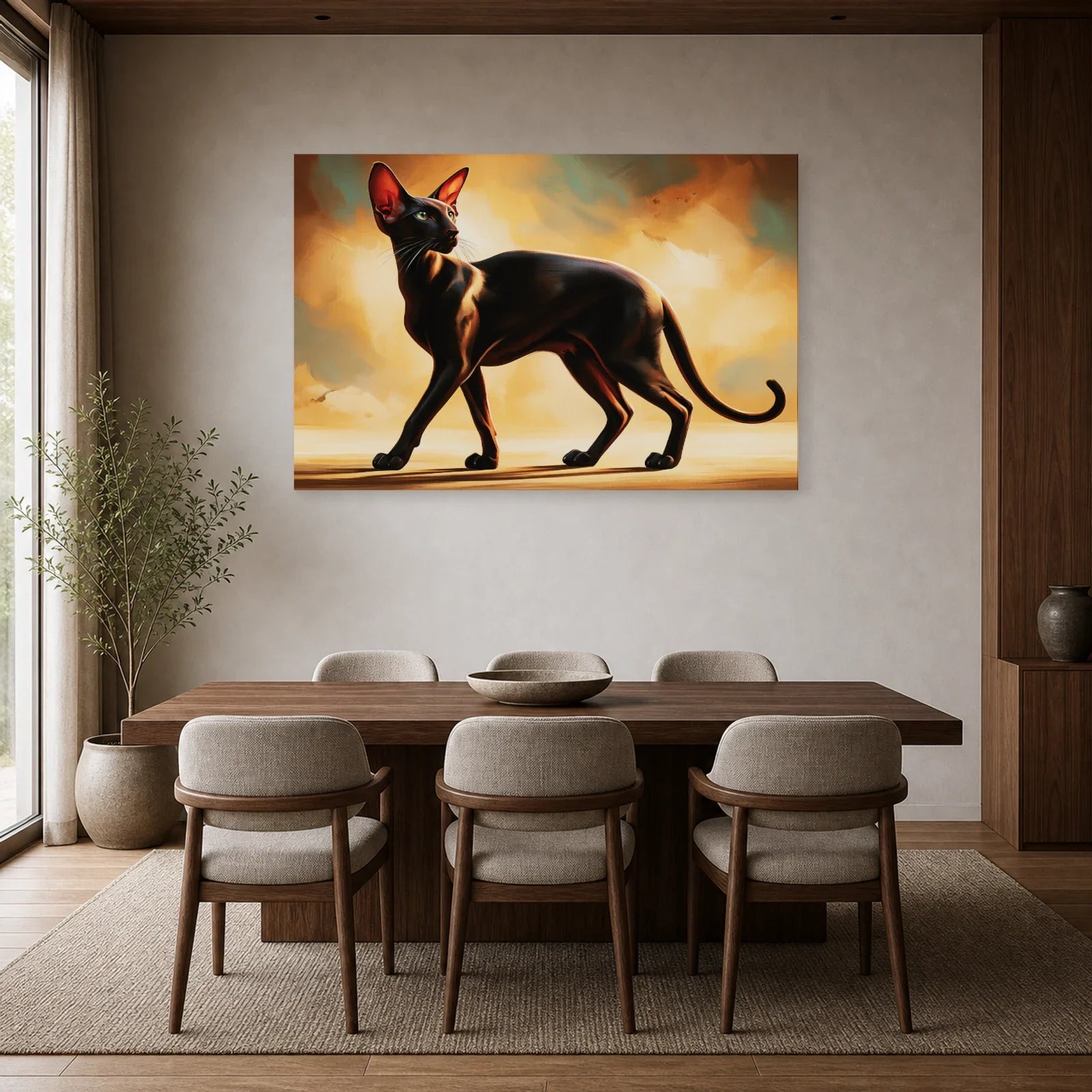 Tableau Chat Oriental Shorthair - Ligne Noire dans une salle à manger - Art Virtuoso