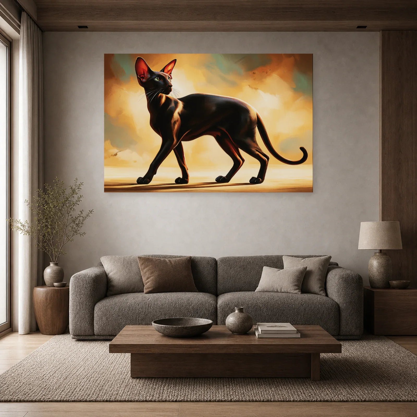 Tableau Chat Oriental Shorthair - Ligne Noire dans un salon - Art Virtuoso